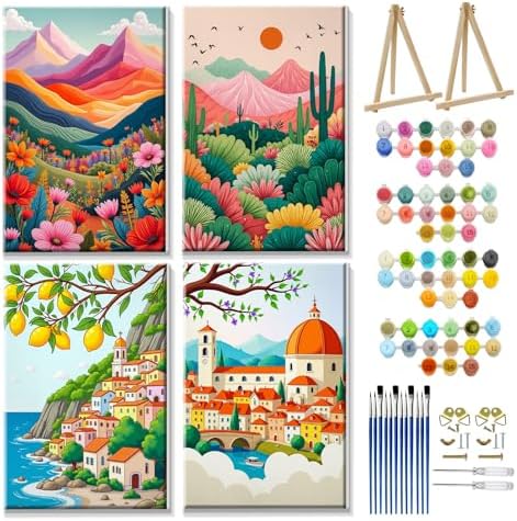 JOOZ 4 Pack Paint by Numbers Kit for Adults with Frame Landscape 8x12 Inch | Paint by Number with Easel, DIY Mountain Adult Paint by Number Kits, Sunset Lake Oil Painting Kits, Home Wall Decor