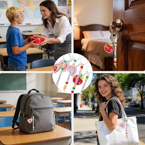 Tuhangcc Unique Design 16 Sets Teacher DIY Charm Bead Keychain Kit with 10 A-Z Letter Beads 16 Charms & Greeting Card for Teacher Day Gift (Teacher's Day)