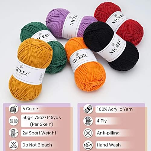 NICEEC 300g Soft Assorted Colors Yarn 100% Acrylic 870yds -Black