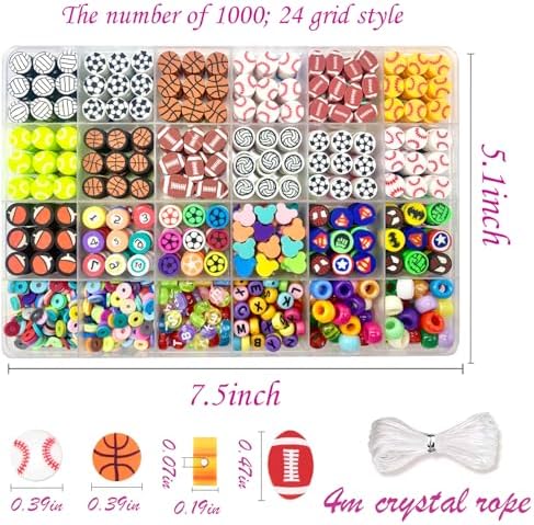 1000PCS Polymer Clay Beads for Bracelet Making, 24 Style Sports Charms incl. Baseball Basketball Soccer Football Rugby Volleyball, DIY Jewelry Making Supplies Kit