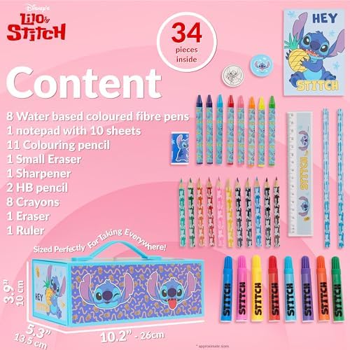 Disney Stitch Colored Pencils Art Supplies Kids School Supplies Set Stationery Girls Drawing Pencils Supplies Travel Case with Crayons Arts and Crafts for Kids 4-12 (Blue Stitch)