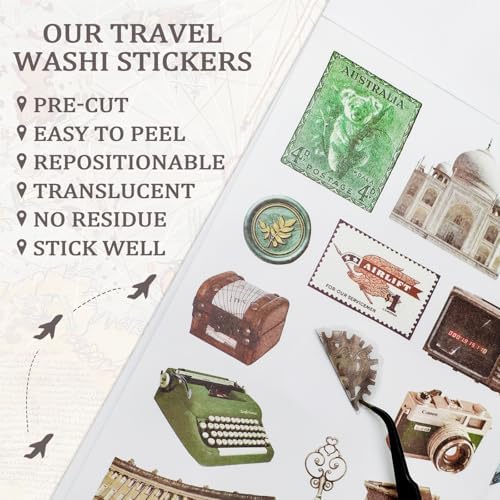 Bomichi Travel Sticker Book, 32 Sheets 377 Pcs Vintage Aesthetics Stickers & 20 Sheets Washi Paper for Journaling Scrapbooking Bullet Journals Planners Letter Card Making