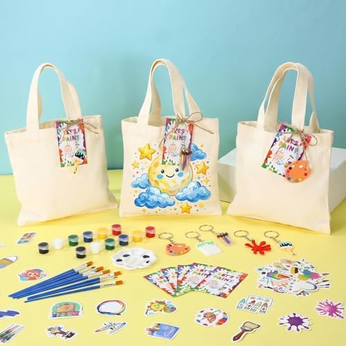 Blueweenly 12 Sets Paint Party Favors Mini Canvas Tote Bags Painting Kit 8" x 8" Color Your Own Canvas Tote Bag Decorating Kit with Paints Palette Brush Keychains for Kids DIY Art Party Classroom
