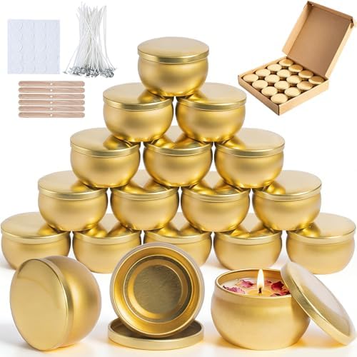 Candle Tins Bulk, 16 Packs 2.5 oz Empty Candle Jars for Making Candles, Metal Candle Tins with Lids, Candle Tin with Wicks, Wick Holders & Stickers for DIY Candle and Gifts (Gold)