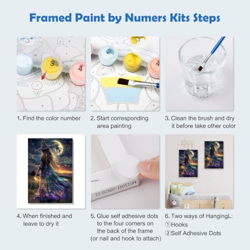 MOGTAA Halloween Paint by Numbers Kit for Adults Beginners with Frame, Witch Adult Paint by Number Kits on Canvas with Easel, Easy DIY Starry Night Oil Painting Kits for Home Decor, 8x12in