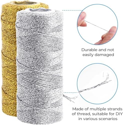 Gold String Twine 658 Feet 1.5mm for Ornaments Christmas String Twine for Gift Wrapping Inelastic Glitter Gold Cording for Crafts Thread Wedding DIY Decoration