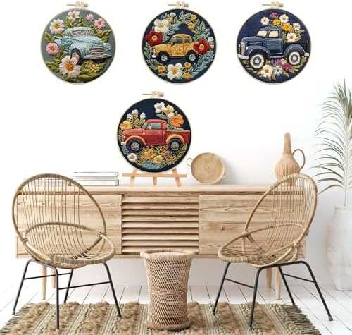 LB 4-Pack Colorful Truck Flower Embroidery Kit for Beginners: Cross Stitch Kit with Green Floral | Adults DIY Starter Kit Includes Embroidery Hoop, Colorful Threads, Tools and Instructions