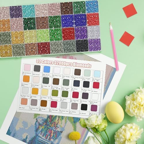 32 Colors 32,000 PCS Acrylic Diamond Painting Beads, Flat Bottom Round Rhinestones for 5D DIY Craft, Boxed with DMC Color Codes