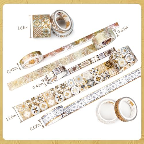 Van Gogh Washi Tape, 10 Rolls Vintage Watercolor Washi Masking Tape Set with Gold Foil, Decorative Tape for Bullet Journal, DIY Craft, Scrapbook Supplies