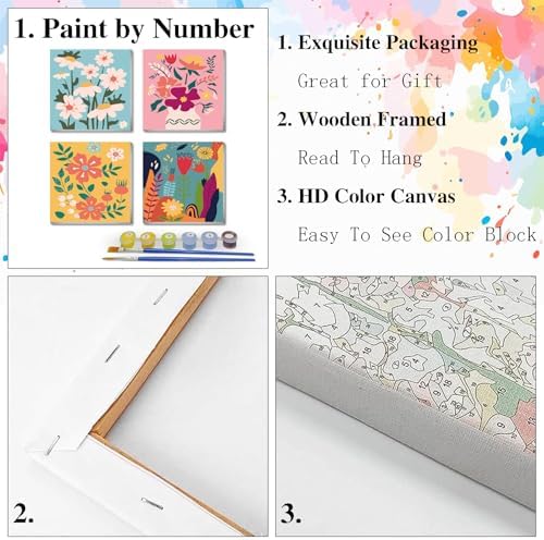 eimivrc 4 Pack Paint by Numbers Kit for Adults Framed,Flowers Paint by Numbers for Adults Beginner,DIY Acrylic Oil Painting for Home Wall Decor(8x8inch)
