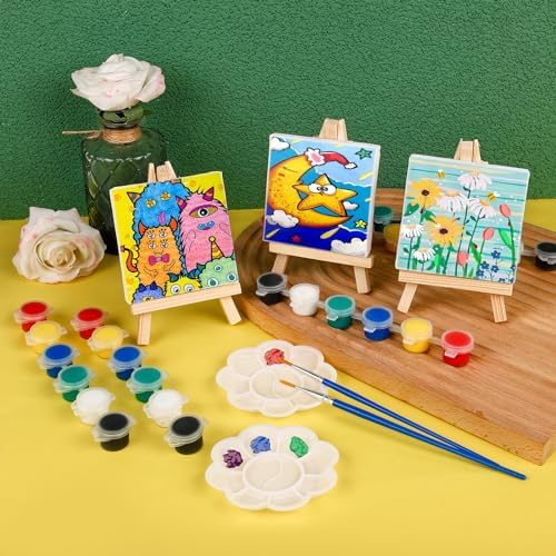 ESRICH 6 Set Mini Acrylic Paint Kit, Mini Stretched Canvas with Easel