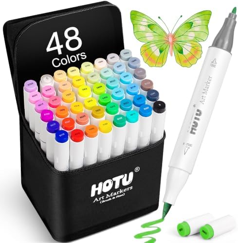 HOTU Alcohol Markers Brush&Fine Tip 48 Color for Adults Coloring Beginner | Dual Tips Art Markers Pens, Alcohol-based for Artists Drawing Illustration Sketching, Non-Bleeding Pad-CPC Certificated