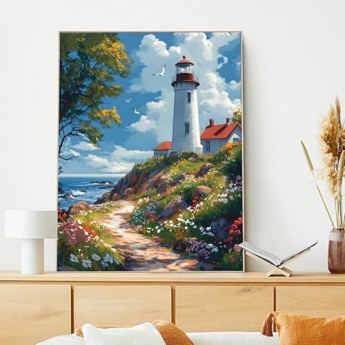 xcemhil Lighthouse Paint by Numbers Kit for Adults Beginner, Lighthouse Paint by Number for Adult, Acrylic Paint by Numbers Kits Suitable for Home Wall Art Decor Gifts 16x20 Inch