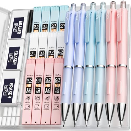 Nicpro 6PCS Pastel Mechanical Pencil, 0.5 & 0.7 mm Cute Pencils for Girls