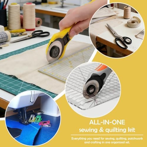 Rotary Cutter Set with A3 Self-Healing Cutting Mat, Fabric Scissors, 2 Blades, Quilting Ruler, Sewing Ruler & Sewing Clips – All-in-One Kit for Quilting, Patchwork, Sewing & Crafting