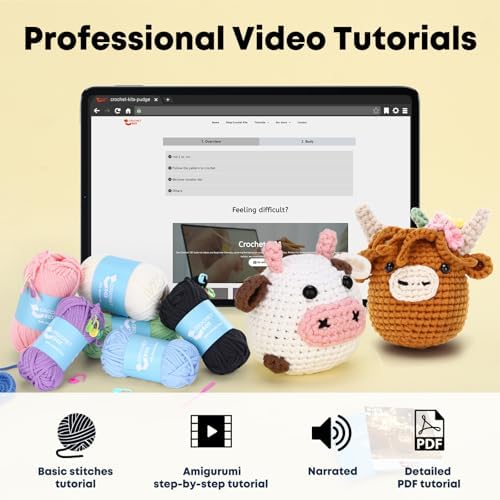 CrochetBox Crochet Kit for Beginner, Highland Cow and Cow Learn How to Crochet Stuffed Animals Gift for Adults and Teen(), Knitting Set with Yarn Hook Stitch-by-Stitch Video Tutorial