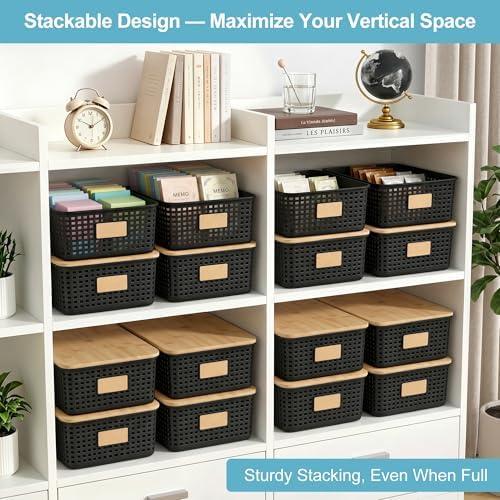 Bagnizer 4 Pack Plastic Storage Bins with Bamboo Lids, 6.2qt Stackable Storage Organizer Box with Lable for Pantry Shelves Drawers Desktop Office, 12"L x 8.3"W x 3.5"H, Black