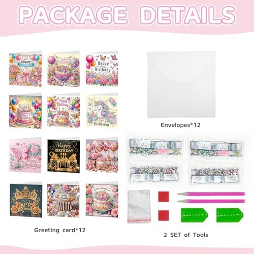 Zyvoreva 12 PCS Birthday Diamond Art Greeting Cards with Envelopes, Cake Square Diamond Painting Greeting Cards Kit for Adults DIY Holiday(Birthday)