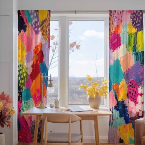 Colorful Art Sheer Curtains 84 Inch Length 2 Panels for Living Room, Geometric Modern Abstract Oil Painting Voile Kitchen Curtain Set, Luxury Privacy Drapes Window Treatment for Bedroom