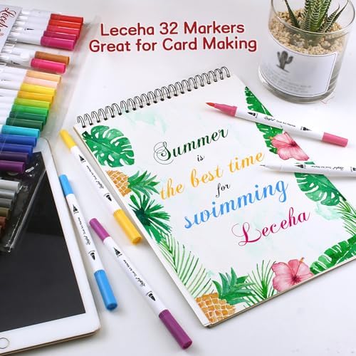 Dual Tip Art Markers for Adult Coloring 32 Colored Pens | Fine and Brush Tip Watercolor Pens for Journaling Note Taking Writing Planning