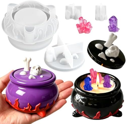Halloween Resin Jar Molds Set, Witch Cauldron with 2 Crystal Molds