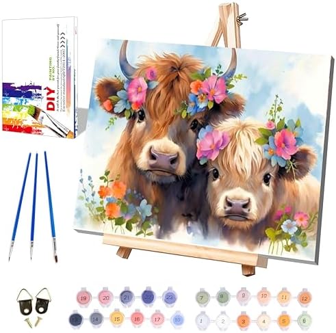 Highland Cow Paint by Numbers for Adults with Framed Canvas - Wooden Easel