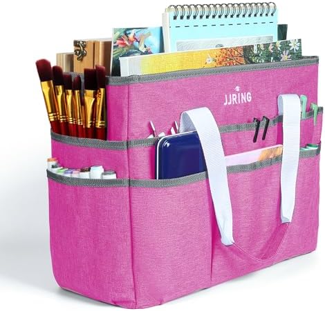 JJRING Craft Organizer Tote Bag Large Art Storage Caddy Deep Red | With Multiple Pockets For Sewing, Scrapbooking, School, Medical, And Office Supplies