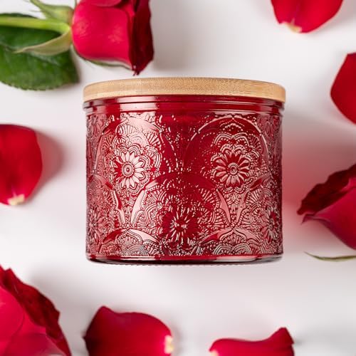 10 oz Red Mandala Glass Candle Jars with Bamboo Lids, 9 Pack