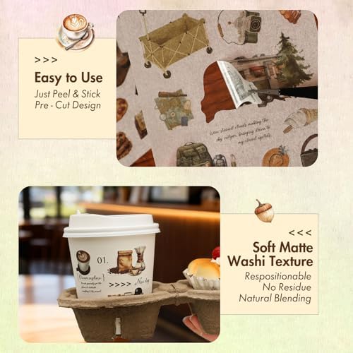 Vintage Coffee Washi Stickers for Scrapbooking – 270+ Aesthetic Cafe, Food, Dessert, Baking & Camping Stickers for Journals, Planners & DIY Crafts