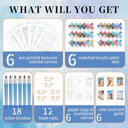 GEEHEIY 6 Pack Paint by Numbers Kit for Adults, Coastal Beach, 8 x 12 Inch | DIY Adult Paint by Number Kits on Canvas for Beginners, without Frame, Home Wall Decor, Stress Relief Craft Gift