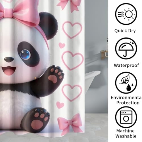 Girls Cute Baby Panda 4Pcs Shower Curtain Sets,Cartoon Lovely Animal Panda Bears Bathroom Decor Set,Princess Style Pink Bow Kawii Toilet Lid Rug, Bath Mat and Contour Mat