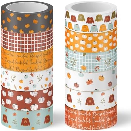 Whaline 12 Rolls Fall Boho Washi Tape Autumn Pumpkin Sweater Decorative Masking Tape for Thanksgiving Harvest Scrapbook Journal DIY Art Craft Gift Wrapping Supplies