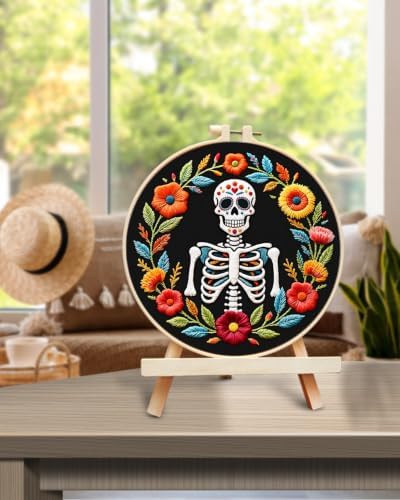 TINDTOP Embroidery Kit for Adult Beginners, Embroidery DIY Starter Kit, with Stamped Patterns, Hoop, Tools, Colorful Threads with Needles, Instructions (Skeleton A)