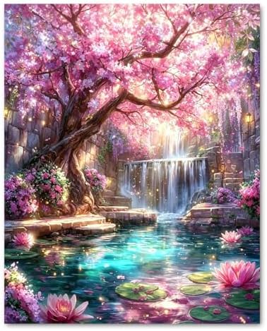 ICYANART Dream Tree Paint by Numbers Kit for Adults, Fantasy Waterfall Pink | Waterfall Paint by Number for Adults Beginners, Acrylic Pink Painting by Numbers, Fantasy Number Painting 16x20 In
