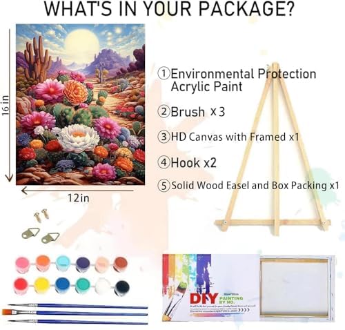 MIRCVSH Landscape Paint by Numbers Kit for Adults,Adult Paint by Number with Wooden Framed,Desert Cactus Flowers Paint by Number for Home Wall Decor 12x16 Inch