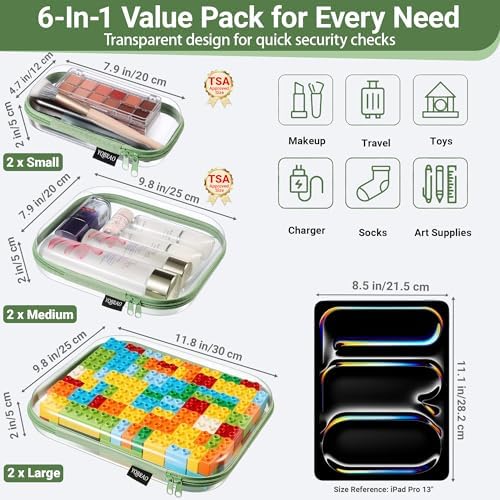 YQBRAO Clear Hard Shell Zipper Cases, 6 Multi-Size Organizers, Green