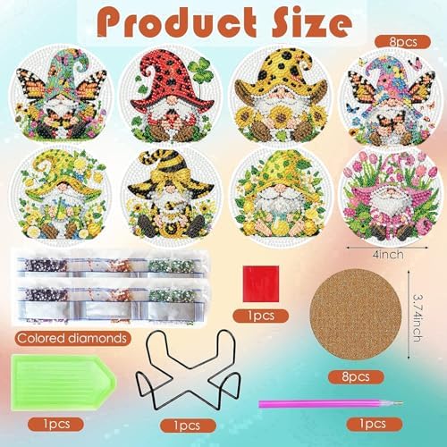 ijbnhd 8 PCS Diamond Art Coasters Gnomes Diamond Painting Coasters