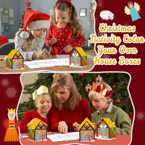 Tenceur 24 Sets Christmas Nativity Crafts Color Your Own Xmas Nativity 3D House Gift Make Your Own Jesus Birth Scene for Holy Night Christian Party Favor Religious Decor Sunday School Project