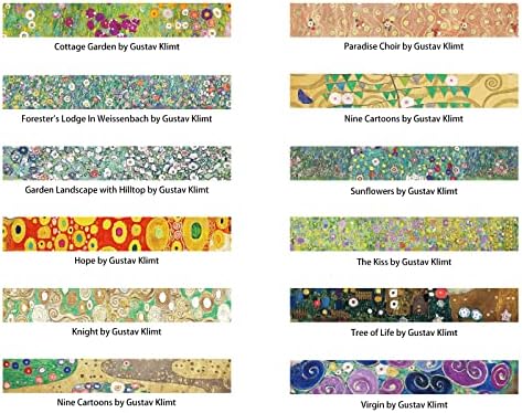Berkin Arts 12 Rolls Art Floral Designs Washi Tape Set - 15 mm Wide Decorative Adhesive Masking Tape Cloisonnism Colorful Flowers Gustav Klimt Series