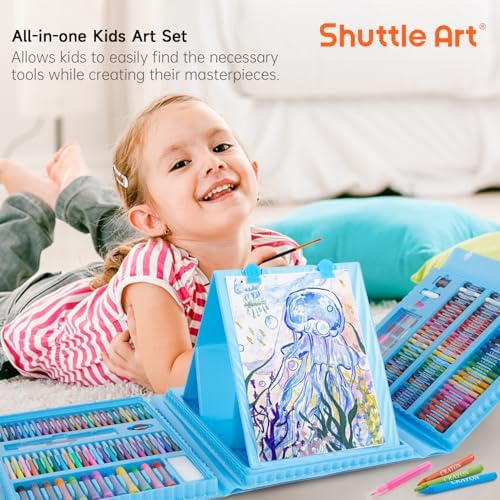 Shuttle Art 335 Piece Kids Art Set, Multi-Media Art Supplies, Gift Art Kit with Trifold Easel, 2 Drawing Pads, 2 Coloring Books, Oil Pastels, Crayons, Watercolors, Markers, Colored Pencils (Blue)