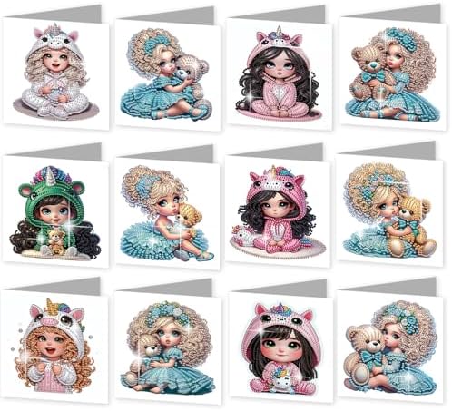 C'eitura 12Pcs Cartoon Girl Diamond Art Painting Greeting Card Kit with Envelopes, DIY Cute Theme Christmas Birthday Thanksgiving Card Making Set, Cute Style Handmade Card Craft