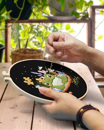 TINDTOP 2 Pack Embroidery Kit for Adult, Embroidery DIY Starter Kit, with Stamped Patterns, Hoop, Tools, Colorful Threads with Needles, Instructions (Frog)