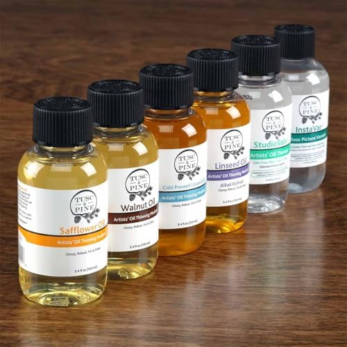 Tusc & Pine Oil Medium Sampler Set of 6 - 3.4oz Bottles, Linseed, Walnut, Safflower, Paint Thinner and Gloss Varnish, Non-Yellowing, Travel-Friendly, Made in USA