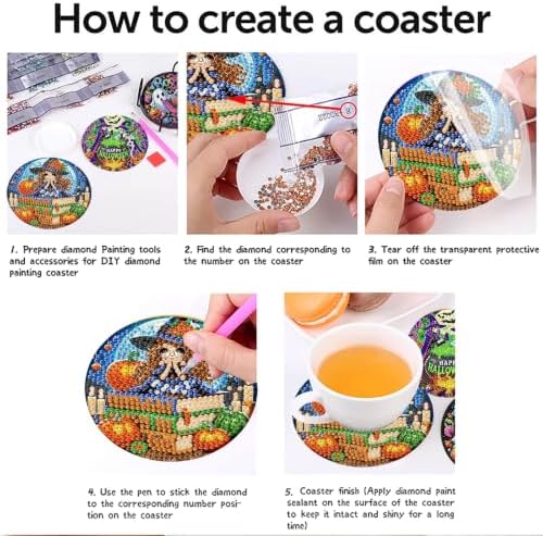 8 Pcs Diamond Art Coasters Kits for Adults,Halloween Diamond Painting Coaster Kits with Holder,Gem Art Paintings Crafts Supplies for Home Decor