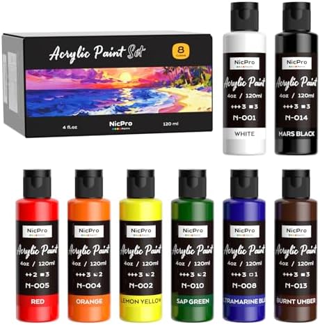 Nicpro 8 Primary Colors Acrylic Paint Set(4 oz, 120 ml), Rich Pigment | Non Toxic Craft Paint for Multi Surface Canvas, Wood, Ceramic, Rock, Fabric, Art Painting Supplies for Beginner Artist Adult