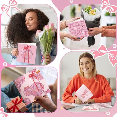 Saillong 12 Pack Pink Bow Diamond Painting Greeting Card Kits DIY Coquette Diamond Art Cards with Envelopes Cute Pink Bow 5D Rhinestones Painting Making Kits for Adults DIY Craft Family Friend Gifts