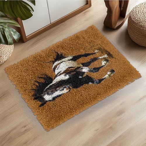 Latch Hook Rug Kit Cute Black and White Wild Horse Running Pre-Printed Handmade Carpet Crochet Yarn Craft DIY Hook and Latch Door Mat Tapestry for Home Floor Decoration 52x38cm-1