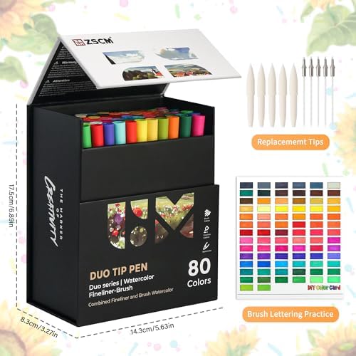 ZSCM 80 Colors Markers for Adult Coloring Books No Bleeding - Duo Tip Pens | Fine & Brush Coloring Marker for Adult Calligraphy, Illustration, Cards Drawing, Note taking Lettering, Journaling