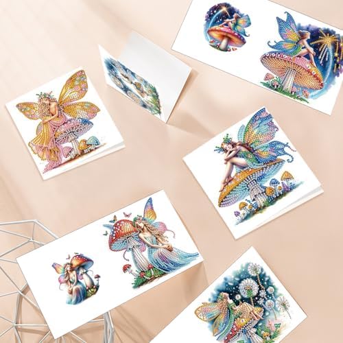 Tontut 6pcs Diamond Art Painting Kit Greeting Card, Genie on Mushroom 5D DIY Diamond Handmade Holiday Greeting Card with Envelope, Holiday Gift Congratulation