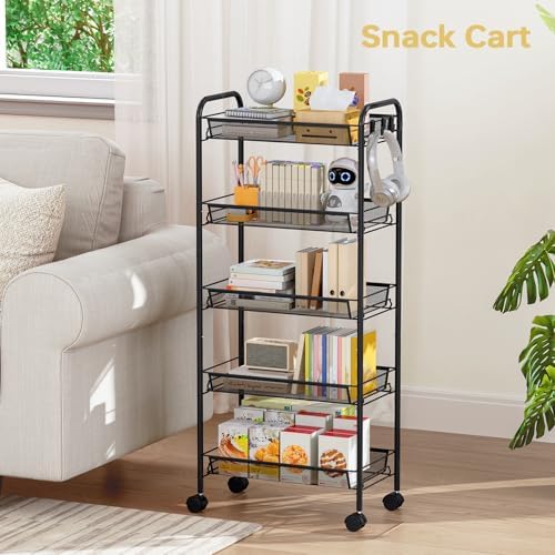 TOOLF 5 Tier Rolling Cart, Metal Utility Storage Cart with Wheels, Black | 3 Hooks, Screwless Assembly, Trolley Organizer for Bathroom, Kitchen, Office, Nursery, Dorm, Laundry Room